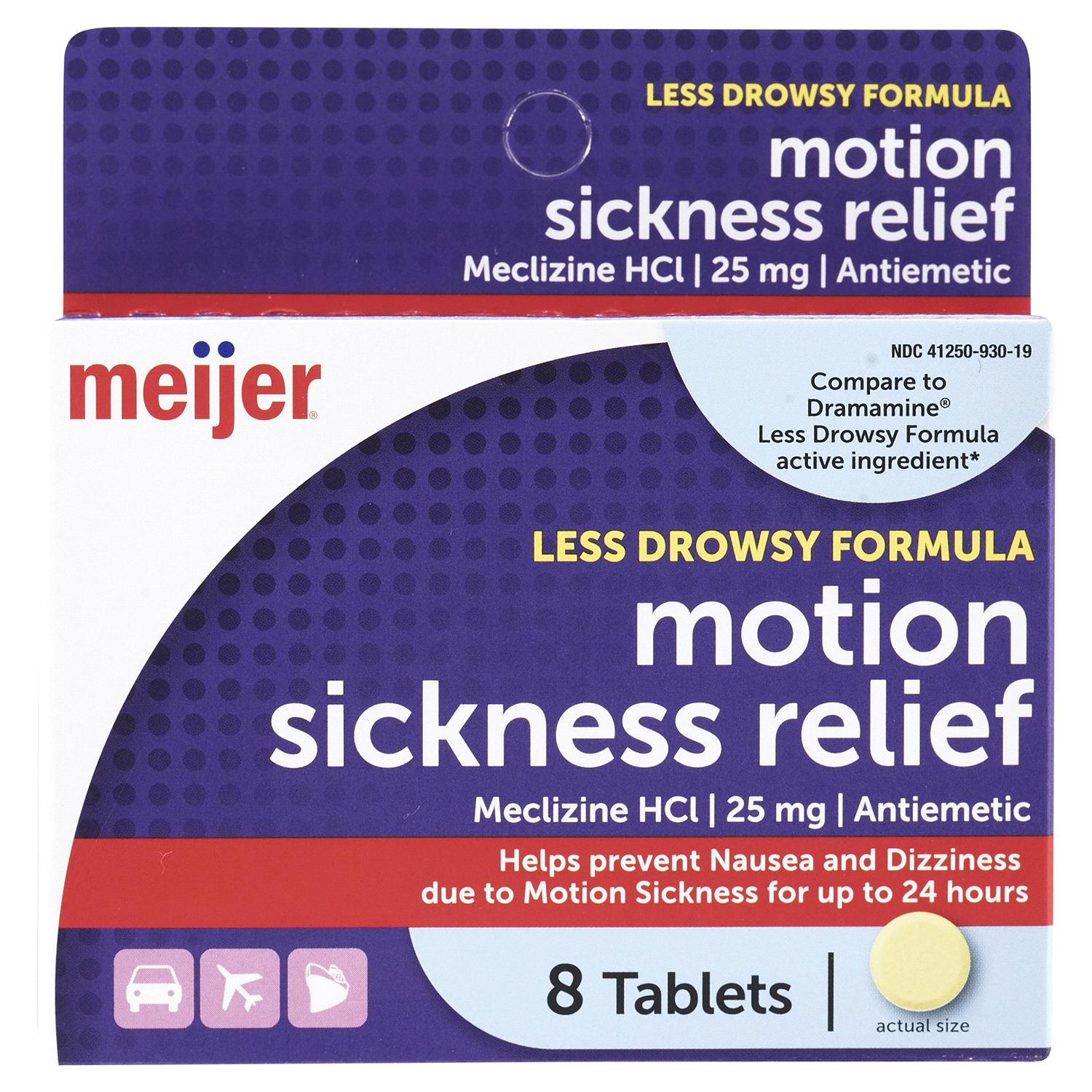 slide 1 of 2, Meijer Motion Sickness Relief Tablets Meclizine HCI, Less Drowsy, 8 ct; 25 mg