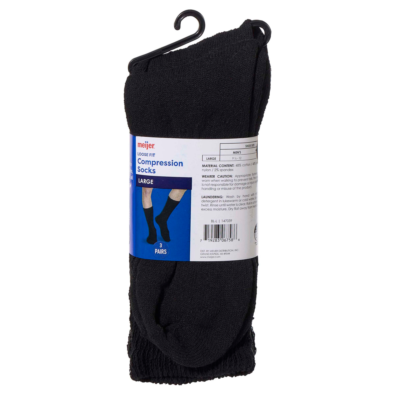 slide 2 of 3, Meijer Loose Fit Compression Socks, Black, Large, 3 Pr, l/3 pair