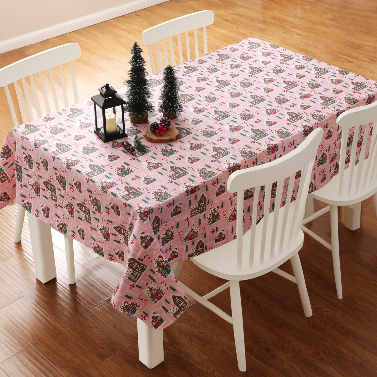 slide 1 of 4, December Home DH Holiday Gingerbd Lane Peva Tablecloth, 60 in x 84 in, 60 x 84 