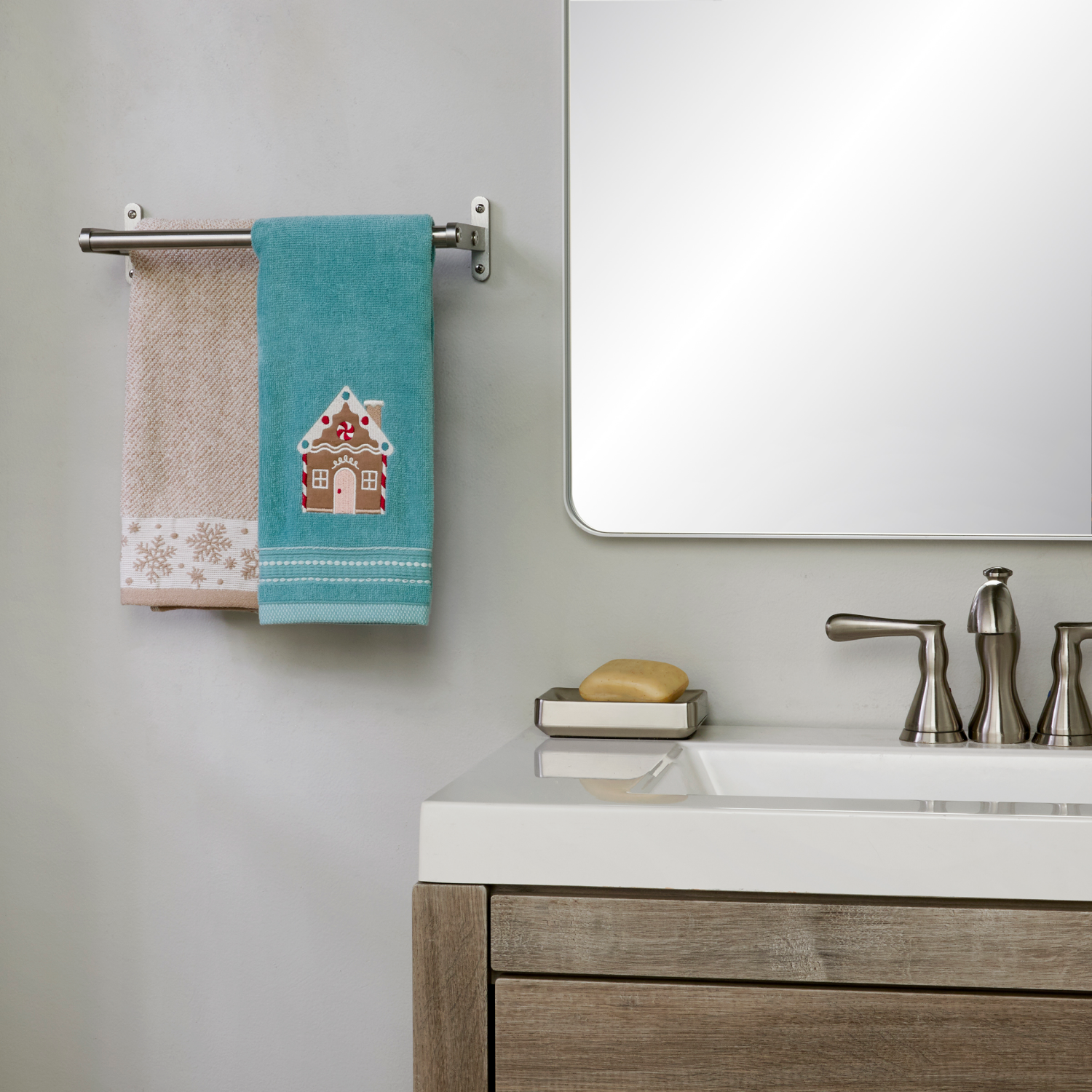 slide 4 of 4, December Home December Home Gingerbread House 2 Pc Hand Towel Set 16 in x 25 in, Teal, 2 ct