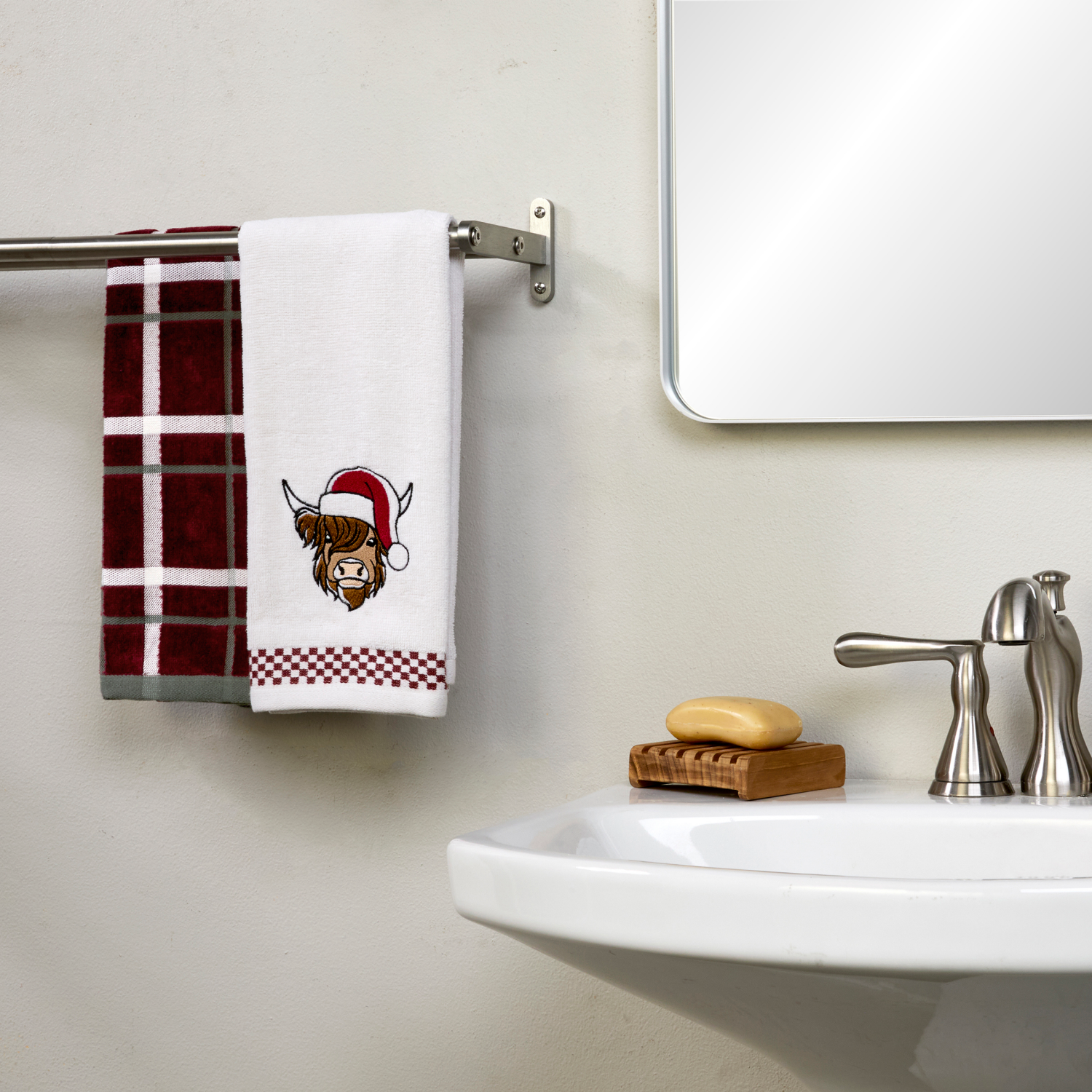 slide 3 of 4, December Home Holiday Highland Cow 2 Pc Hand Towel Set, 16 in x 25 in, Red, 2 ct