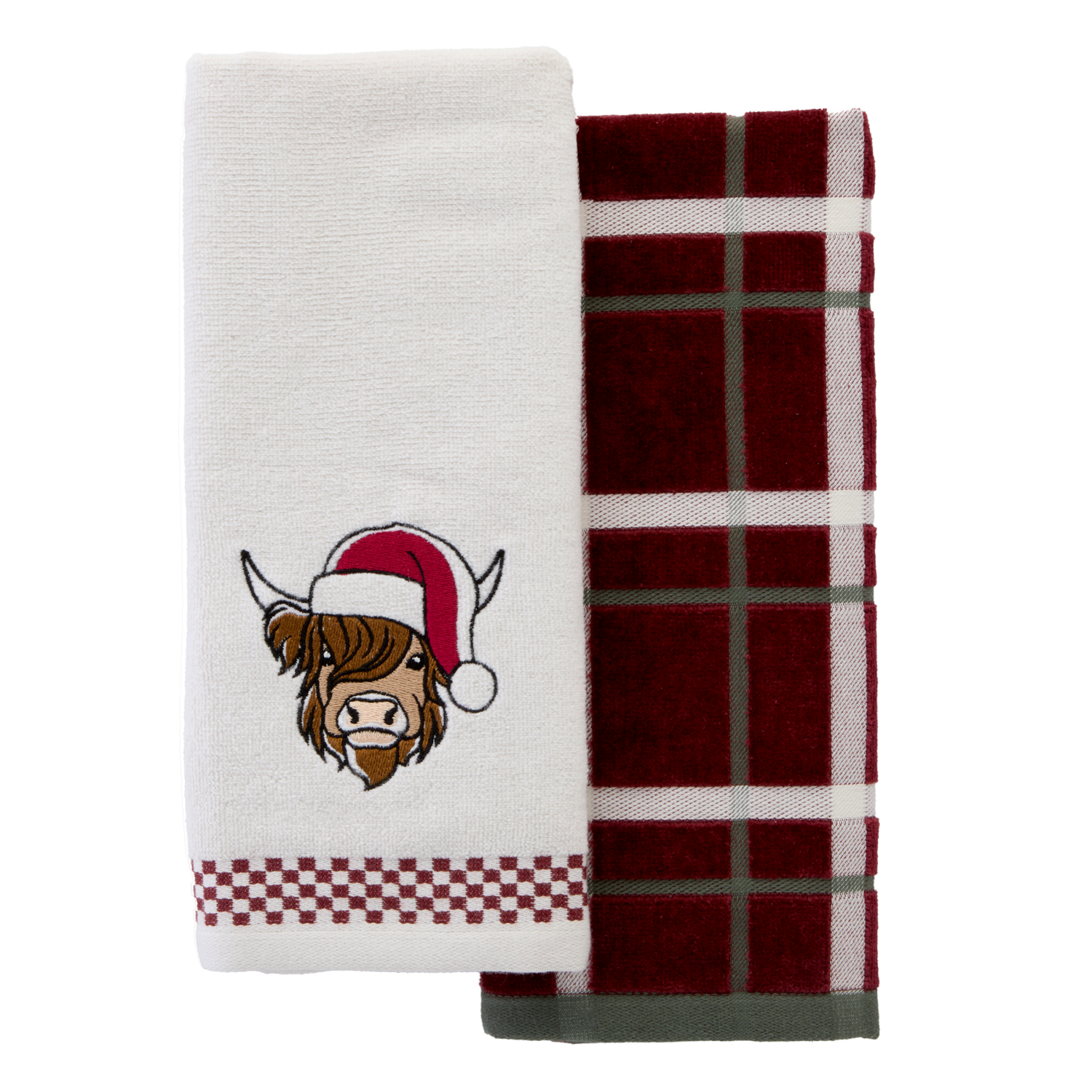 slide 1 of 4, December Home Holiday Highland Cow 2 Pc Hand Towel Set, 16 in x 25 in, Red, 2 ct