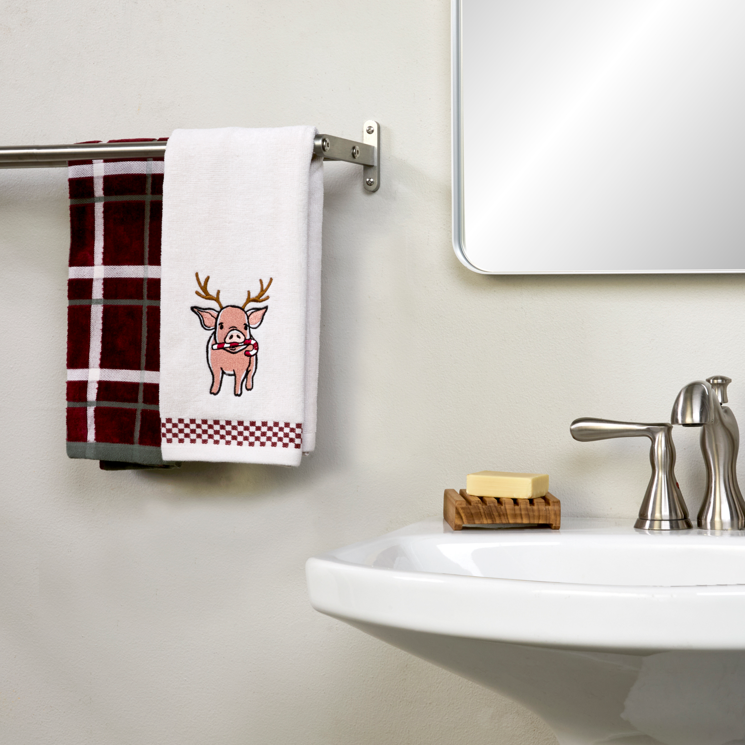 slide 3 of 4, December Home Holiday Pig 2 Pc Hand Towel Set, 16 in x 25 in, Red, 2 ct