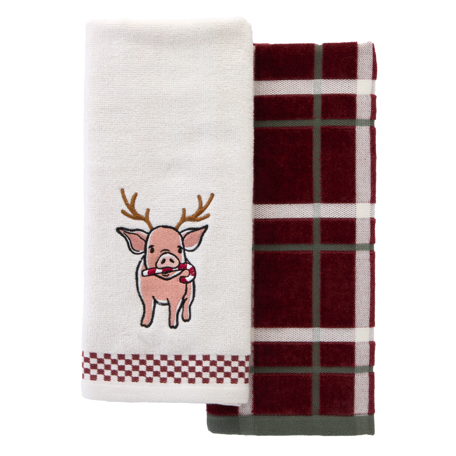 slide 1 of 4, December Home Holiday Pig 2 Pc Hand Towel Set, 16 in x 25 in, Red, 2 ct