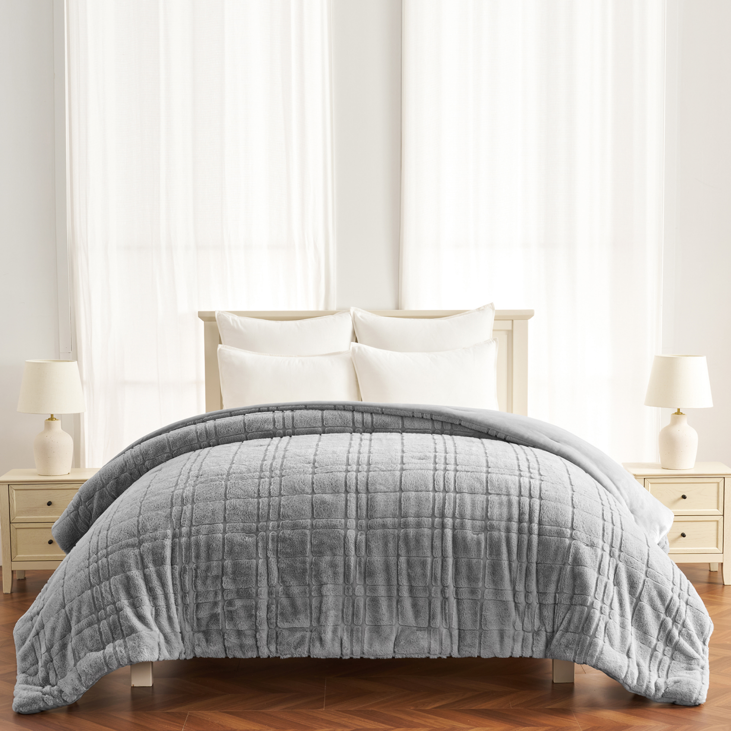 slide 4 of 4, ROOM & RETREAT RR GREY WINDOWPANE COMFORTER KING, 104 inx90 in