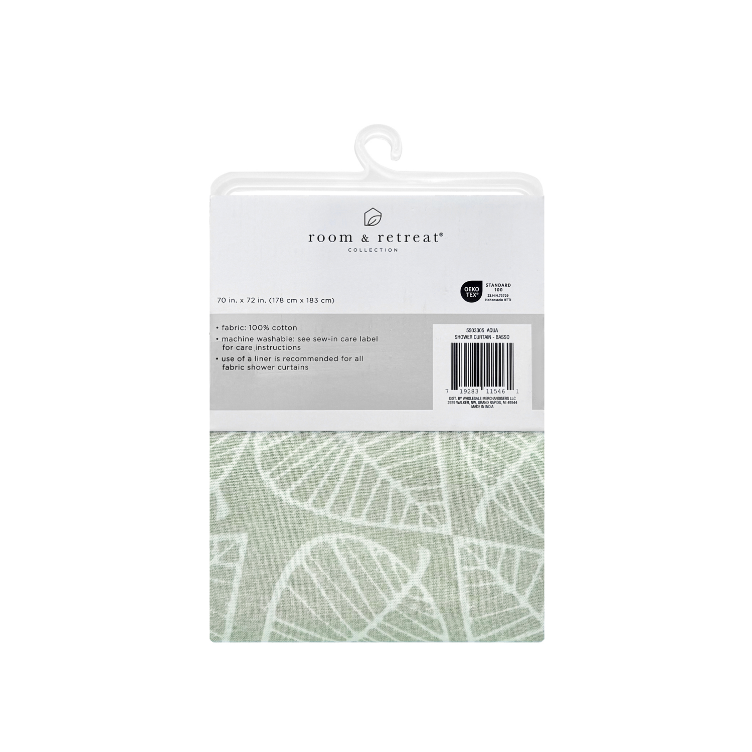 slide 7 of 8, Room & Retreat Basso Foliage Print Fabric Shower Curtain 100% Cotton, 70 in x 72 in, Aqua, 70 x 72 