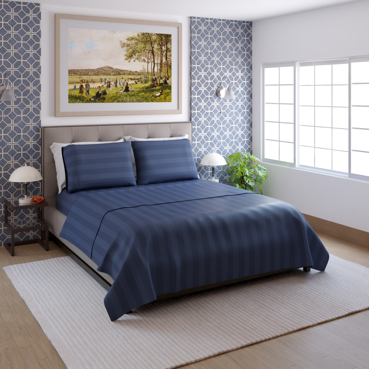 slide 4 of 4, Room & Retreat 600 Thread Counts Damask Pillowcase, King, Set of 2, Navy, king pwcs