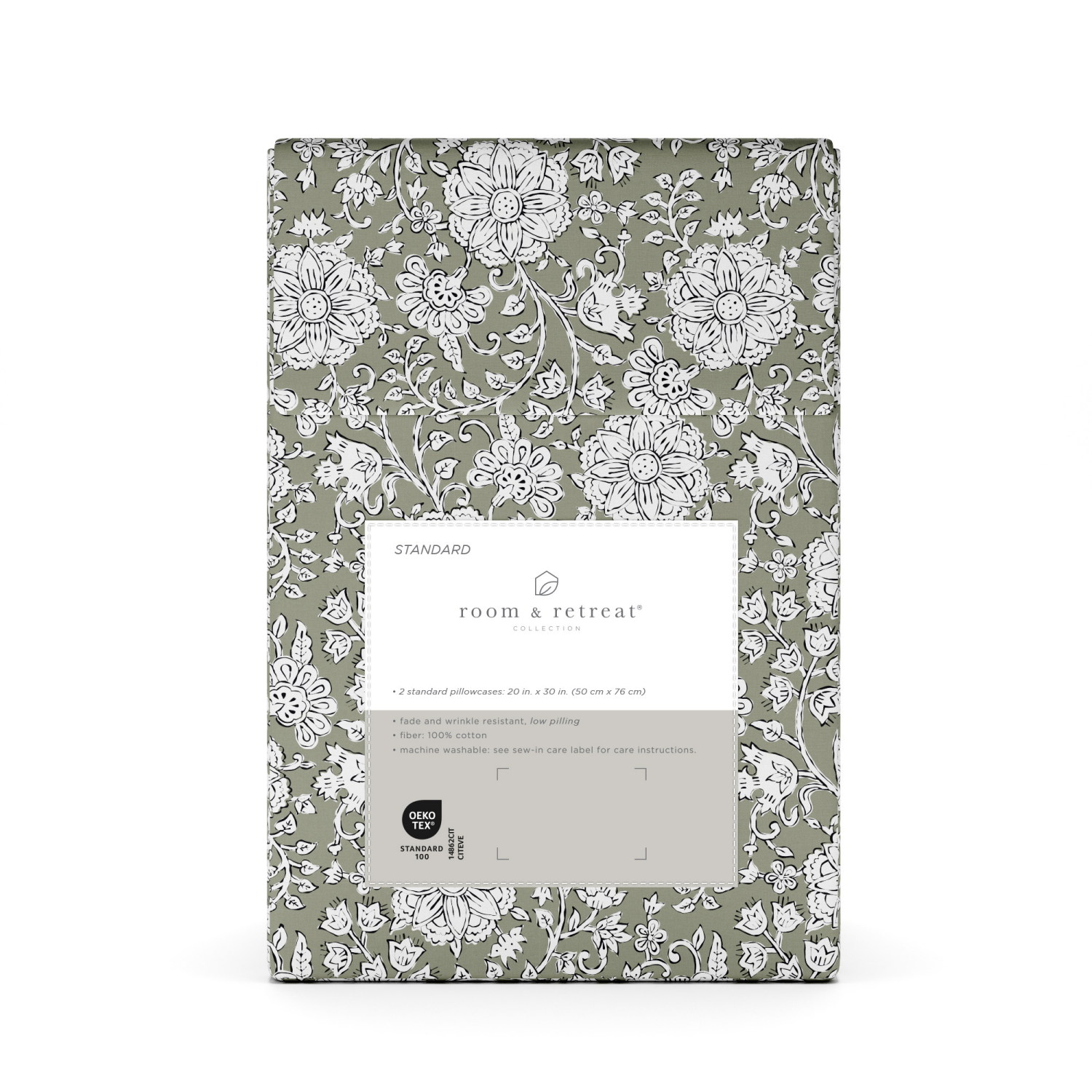 slide 3 of 4, Room & Retreat 400 Thread Counts Pillowcase, Standard, Set of 2, Green Block Floral, std pwcs