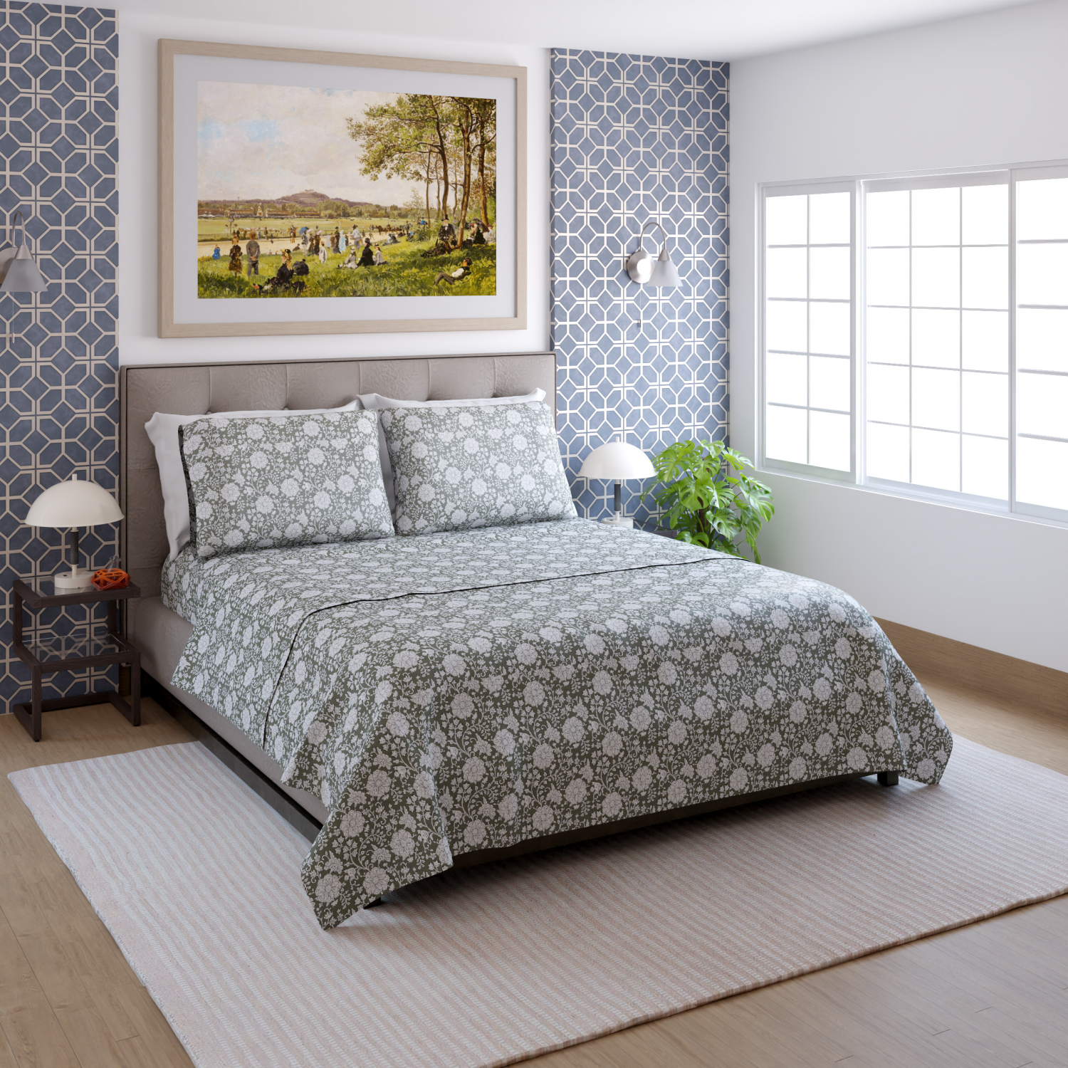 slide 4 of 4, Room & Retreat 400 Thread Counts Printed Sheet Set, Twin, 3 Pieces set, Green Block Floral, 3 ct