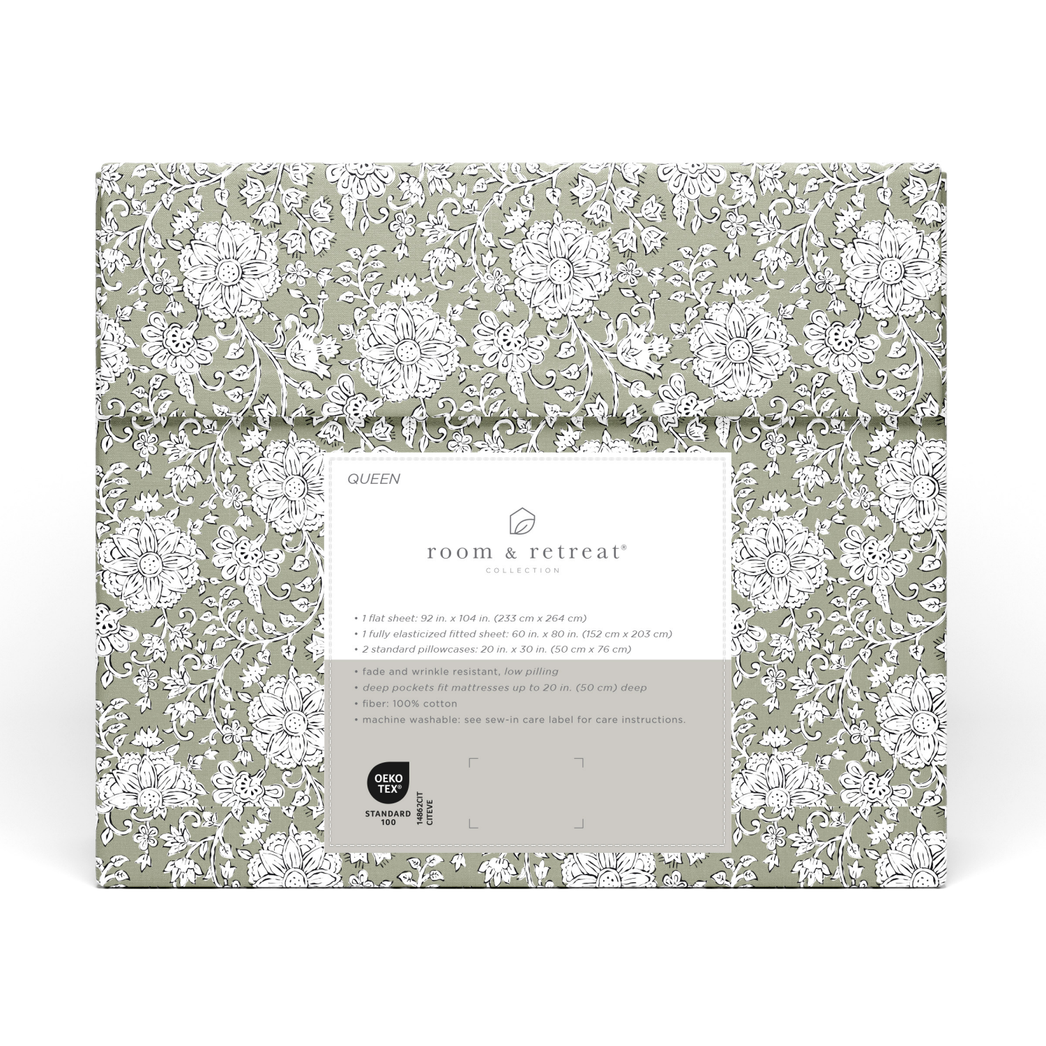 slide 3 of 4, Room & Retreat 400 Thread Counts Printed Sheet Set, Queen, 4 Pieces set, Green Block Floral, 4 ct