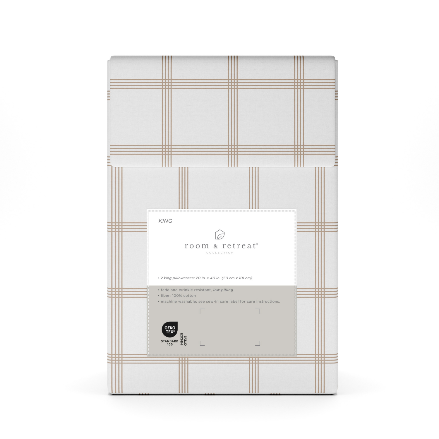 slide 3 of 4, Room & Retreat 400 Thread Counts Printed Pillowcase, King, Set of 2, Tan Plaid, king pwcs