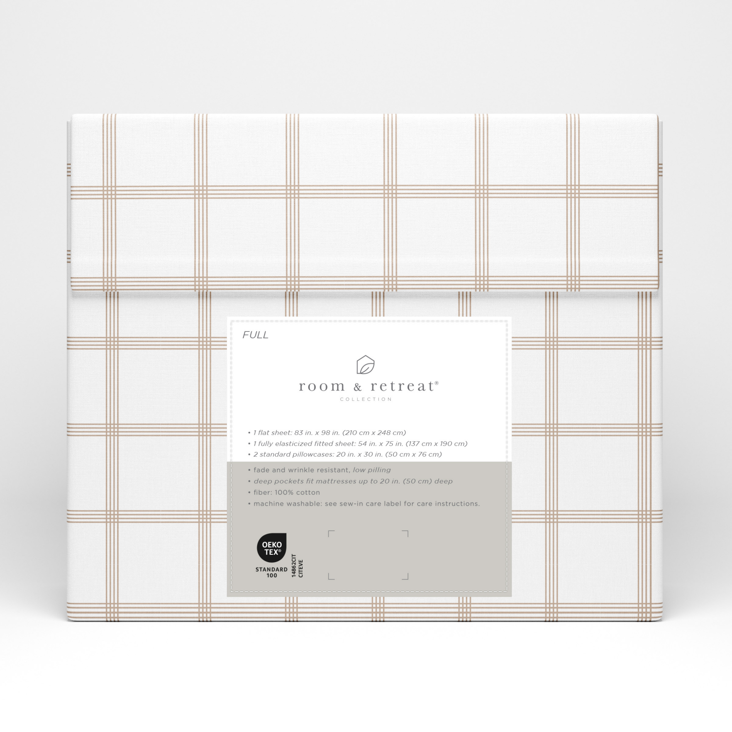 slide 3 of 4, Room & Retreat 400 Thread Counts Printed Sheet Set, Full, 4 Pieces Set, Tan Plaid, 4 ct
