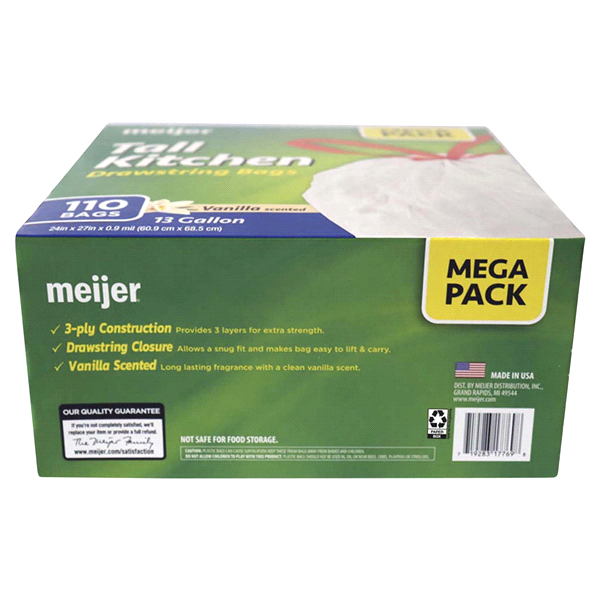 slide 7 of 9, Meijer Tall Kitchen Drawstring Bags Mega Pack Vanilla Scented, 13 gal, 110 ct