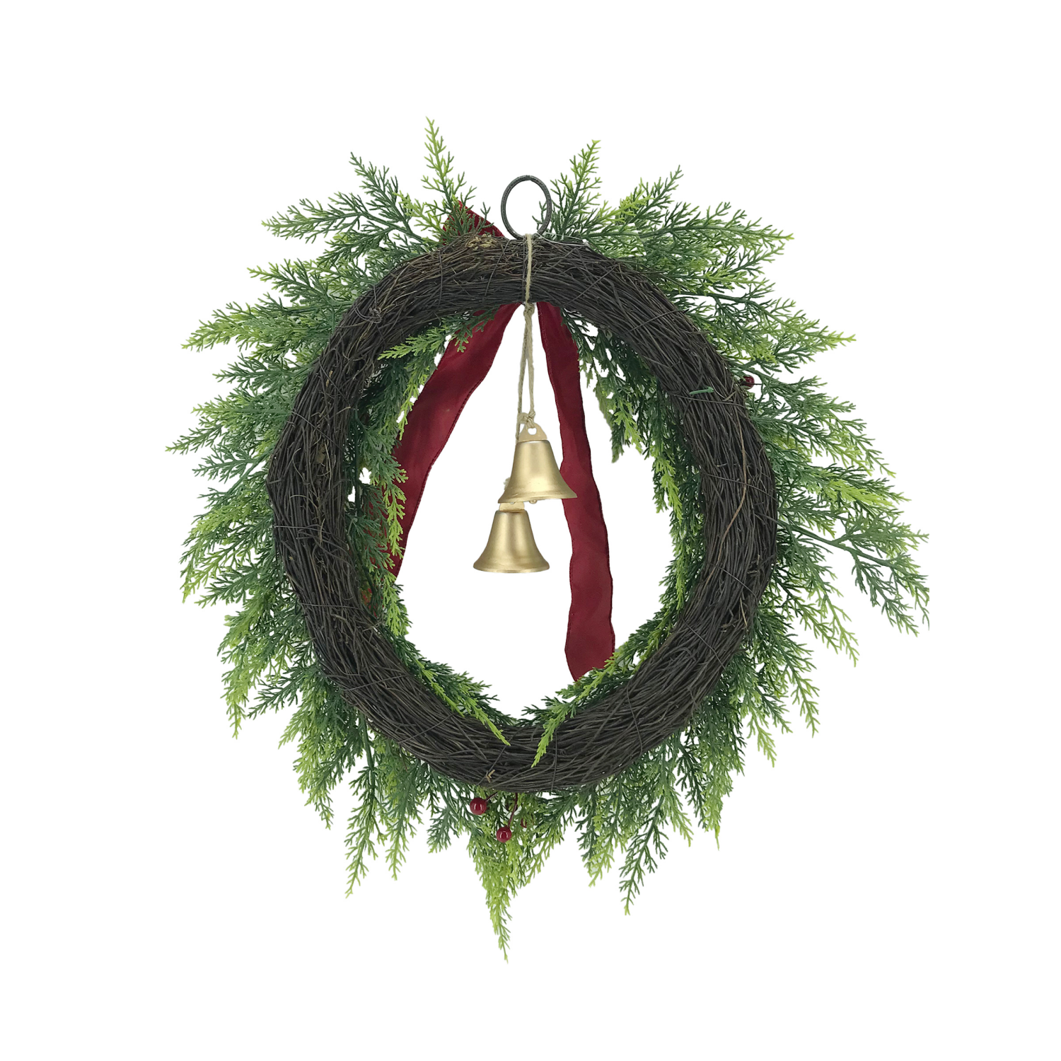 slide 2 of 2, December Home "Faux Pine Christmas Wreath Red Velvet Ribbon & Bells", 24 in