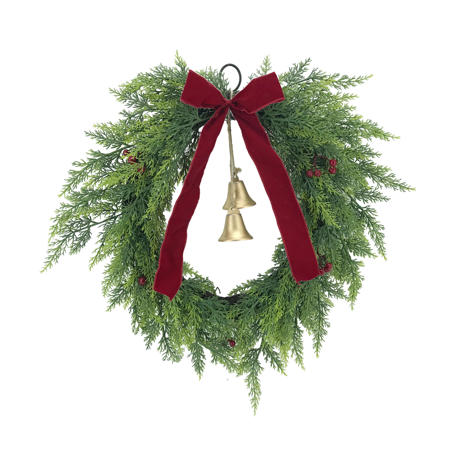slide 1 of 2, December Home "Faux Pine Christmas Wreath Red Velvet Ribbon & Bells", 24 in