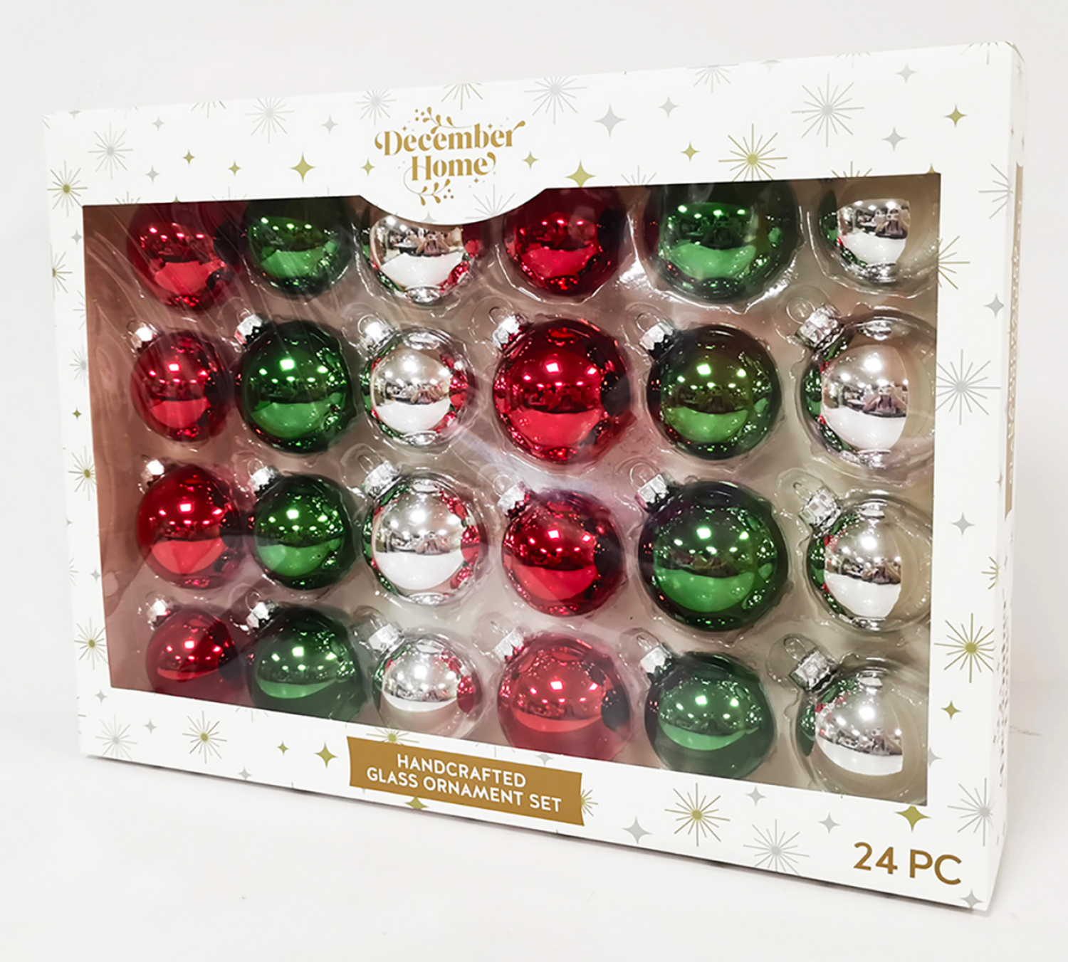 slide 3 of 3, December Home Glass Ornaments Red, Green, Silver, 24ct, 24 ct