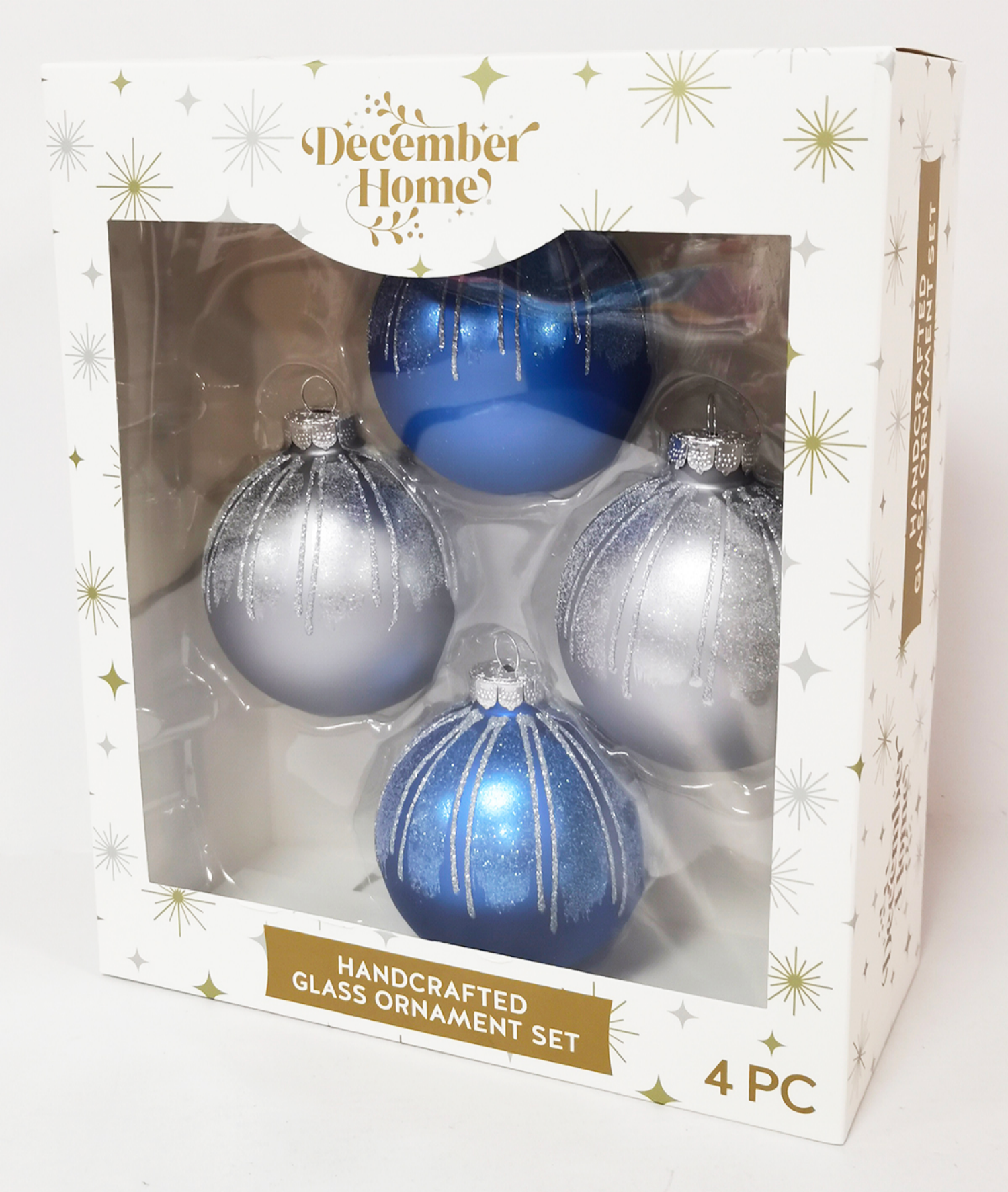 slide 3 of 3, December Home Glass Ornaments, Silver & Blue Stripes , 3 ct, 3 ct