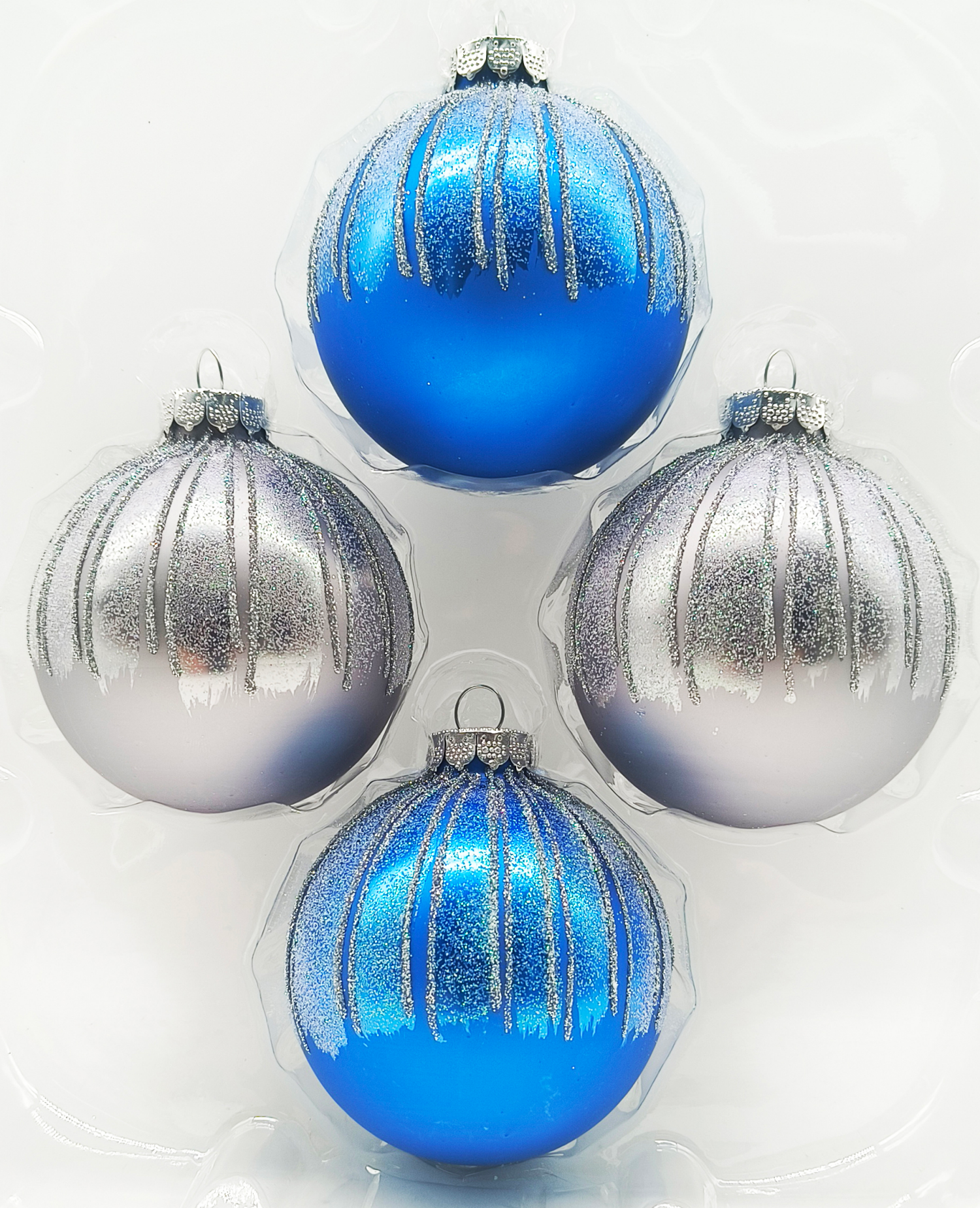 slide 1 of 3, December Home Glass Ornaments, Silver & Blue Stripes , 3 ct, 3 ct