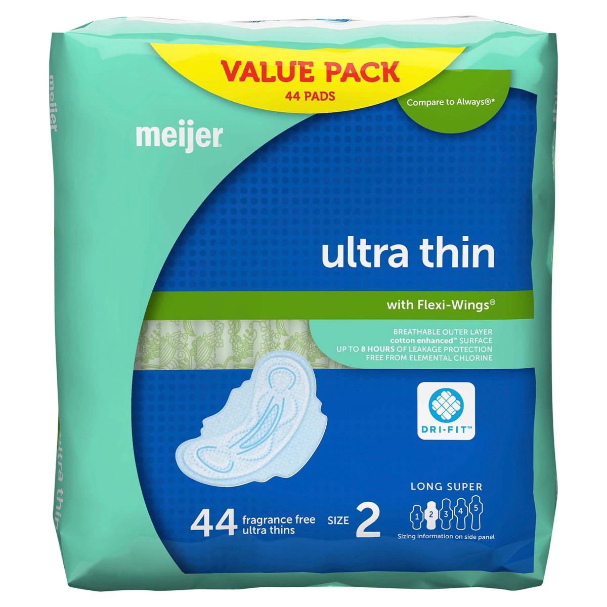 slide 2 of 6, Meijer Ultra Thin With Flexi-Wings, Long Super Absorbency, Size 2, 44 ct