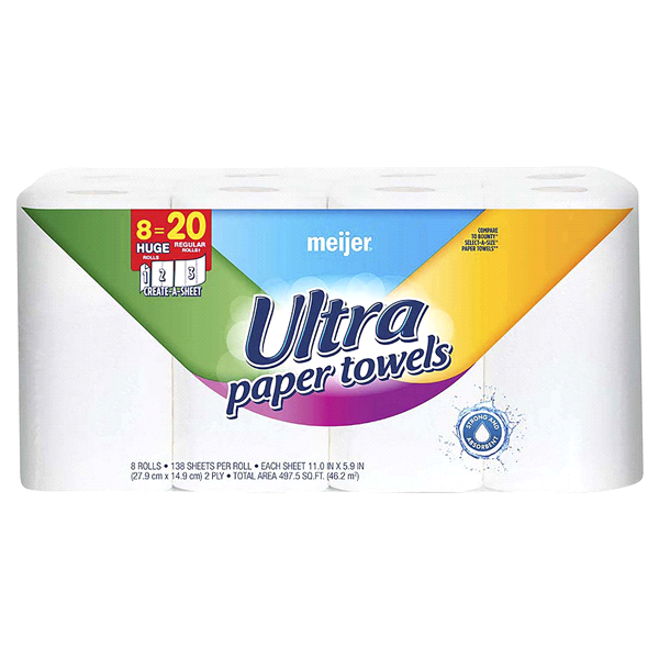 slide 1 of 1, Meijer Ultra Create-A-Sheet Paper Towel Huge Rolls, White, 8 ct