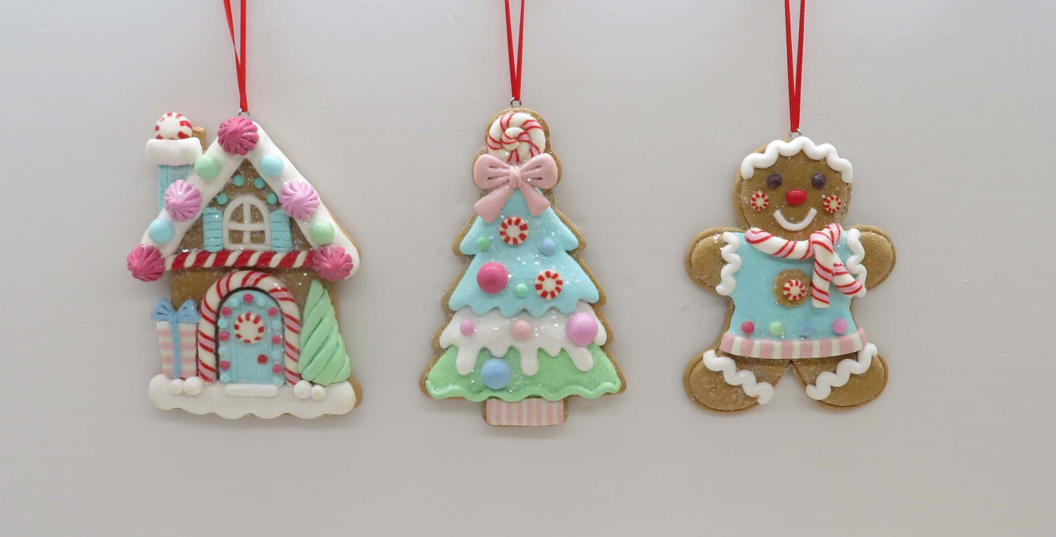 slide 1 of 2, December Home DH CD PASTEL GNGBREAD ORNA 4.5IN 3 AST, 4.5 in