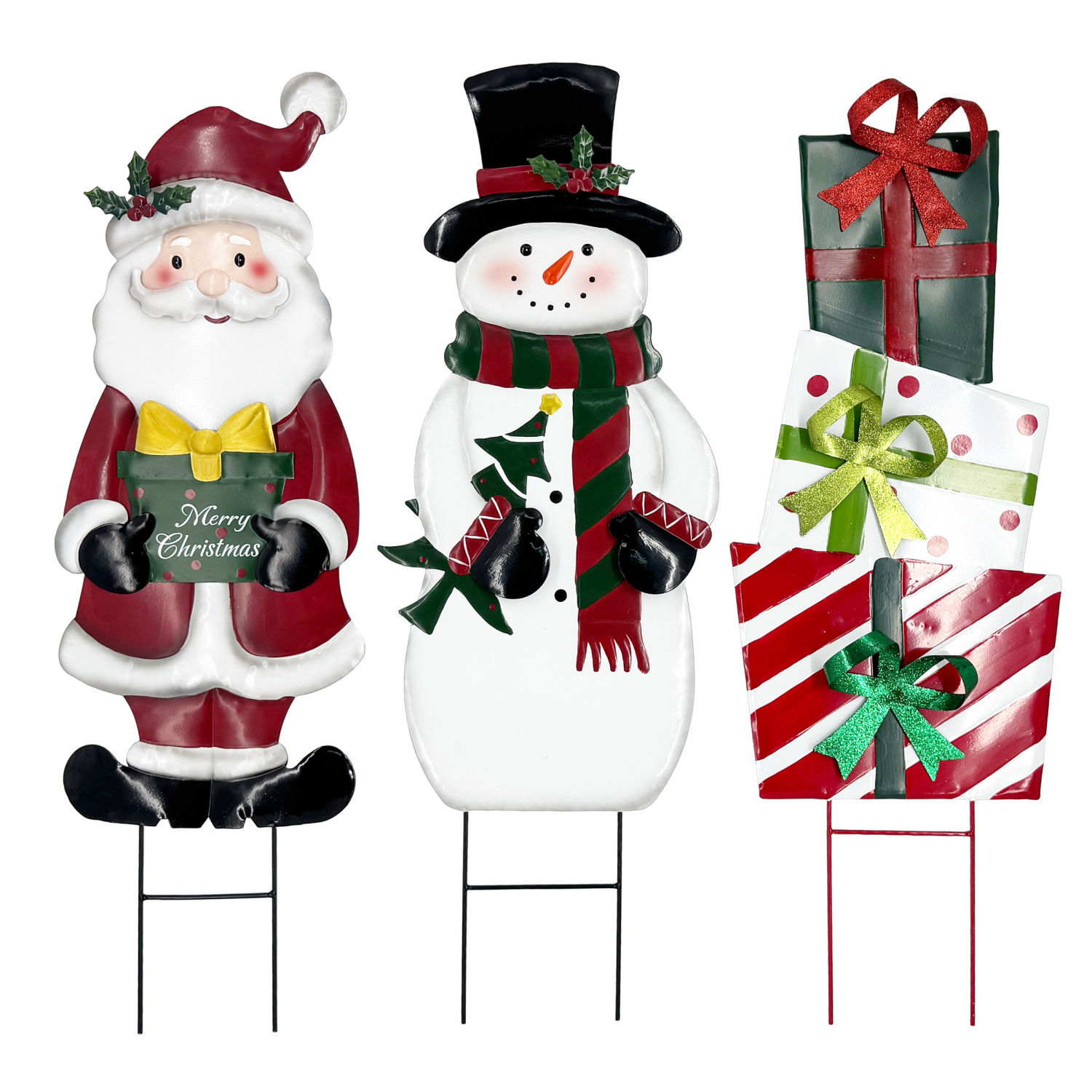 slide 1 of 4, December Home Santa Snowman Gift Yard Stake, 3 Assorted, 36 in