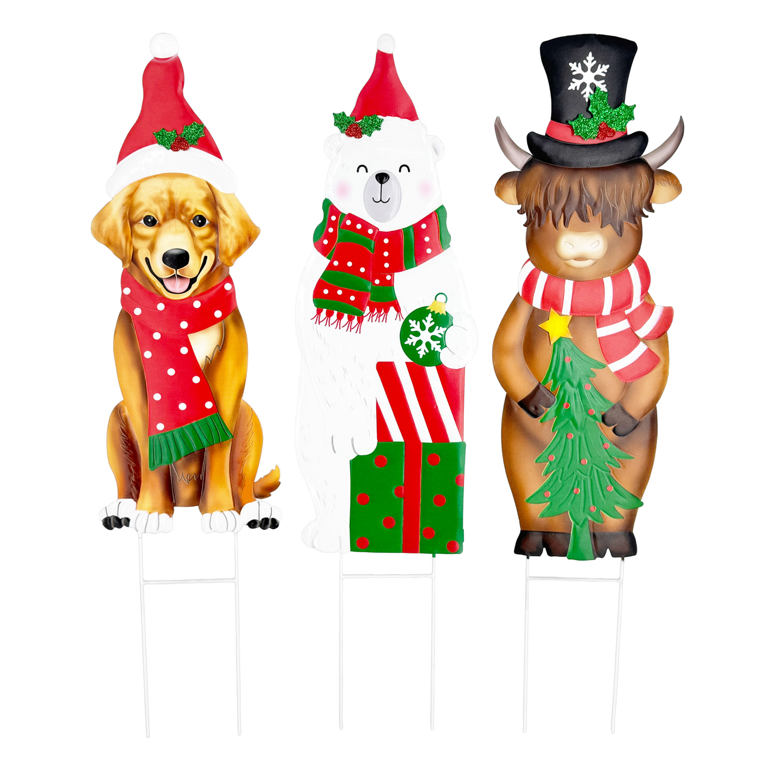 slide 1 of 4, December Home Dog Polar Bear Cow Yard Stake, 3 Assorted, 36 in