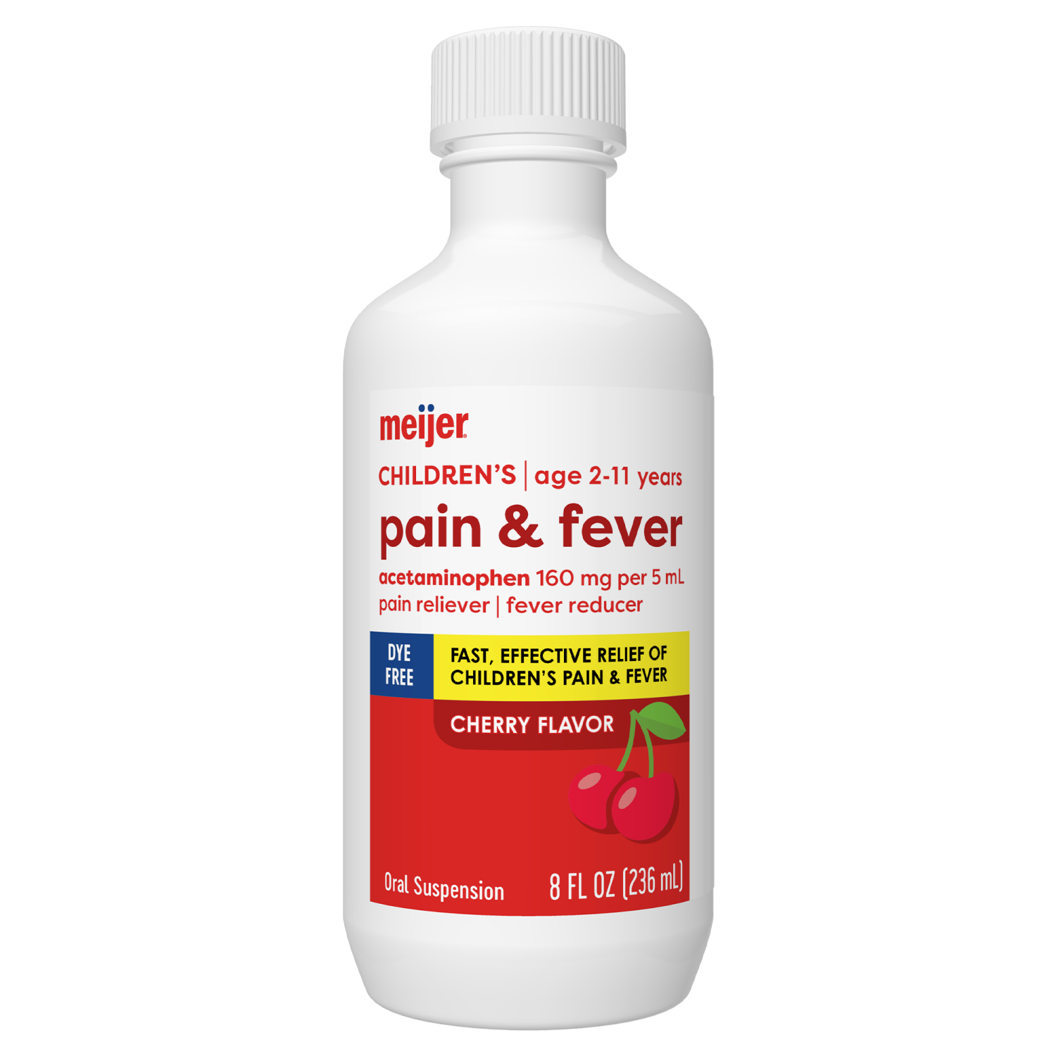 slide 3 of 8, Meijer Children's Pain and Fever, Acetaminophen 160 mg per 5 mL Oral Suspension, Dye-Free, Cherry Flavor, 8oz, 160 mg, 5 ml, 8 oz