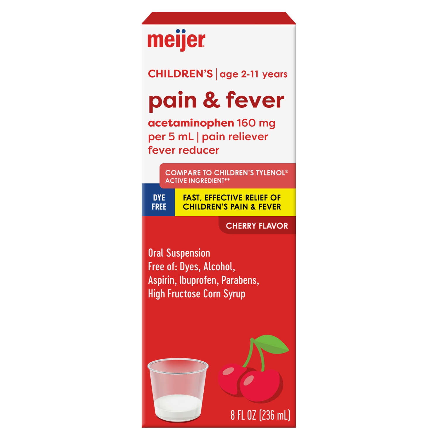 slide 1 of 8, Meijer Children's Pain and Fever, Acetaminophen 160 mg per 5 mL Oral Suspension, Dye-Free, Cherry Flavor, 8oz, 160 mg, 5 ml, 8 oz