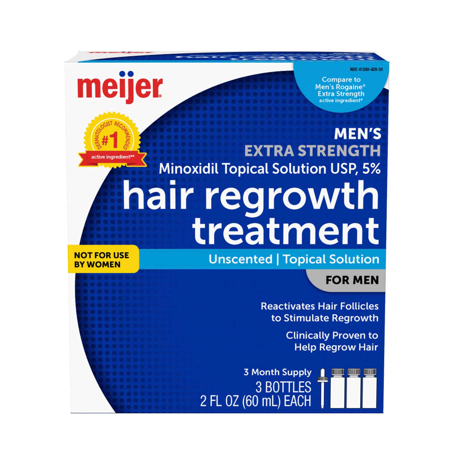 slide 1 of 5, Meijer Minoxidil Topical Solution USP, 5 Percent, Hair Regrowth Treatment for Men, Extra Strength, 3 btl., 6 oz