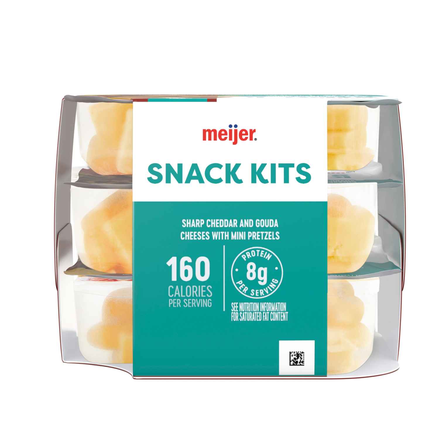 slide 5 of 5, Meijer Snack Kits Yellow Sharp Cheddar Cheese, Gouda Cheese, And Pretzels 3 Pack, 3 ct