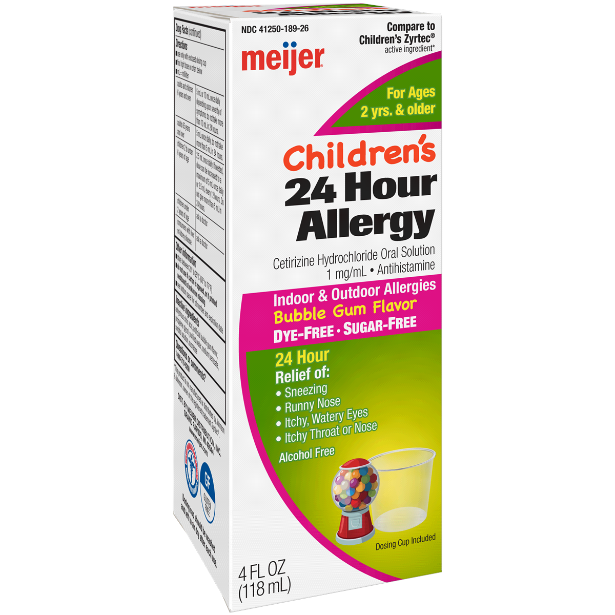 slide 2 of 3, Meijer Children’s 24 Hour Allergy Antihistamine, Bubble Gum Flavor, 1 mg, 4 oz