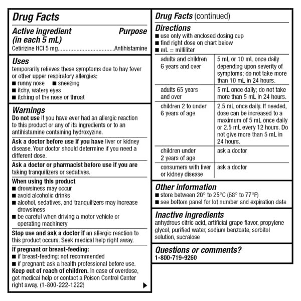 slide 16 of 29, Meijer Cetirizine Hydrochloride All Day Allergy Oral Solution /mL, Grape Flavor, 1 mg, 8 fl oz