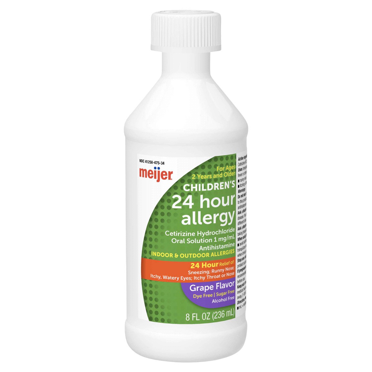 slide 15 of 29, Meijer Cetirizine Hydrochloride All Day Allergy Oral Solution /mL, Grape Flavor, 1 mg, 8 fl oz