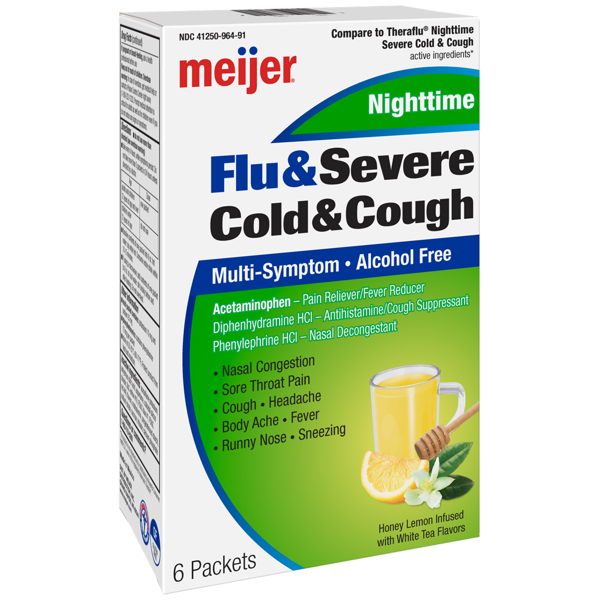 slide 3 of 3, Meijer Nighttime Severe Cold, Flu and Cough, Pain Reliever/Fever Reducer, Nasal Decongestant, Cough Suppressant, Antihistamine, Hot Liquid Therapy for Fast Relief, 6 ct
