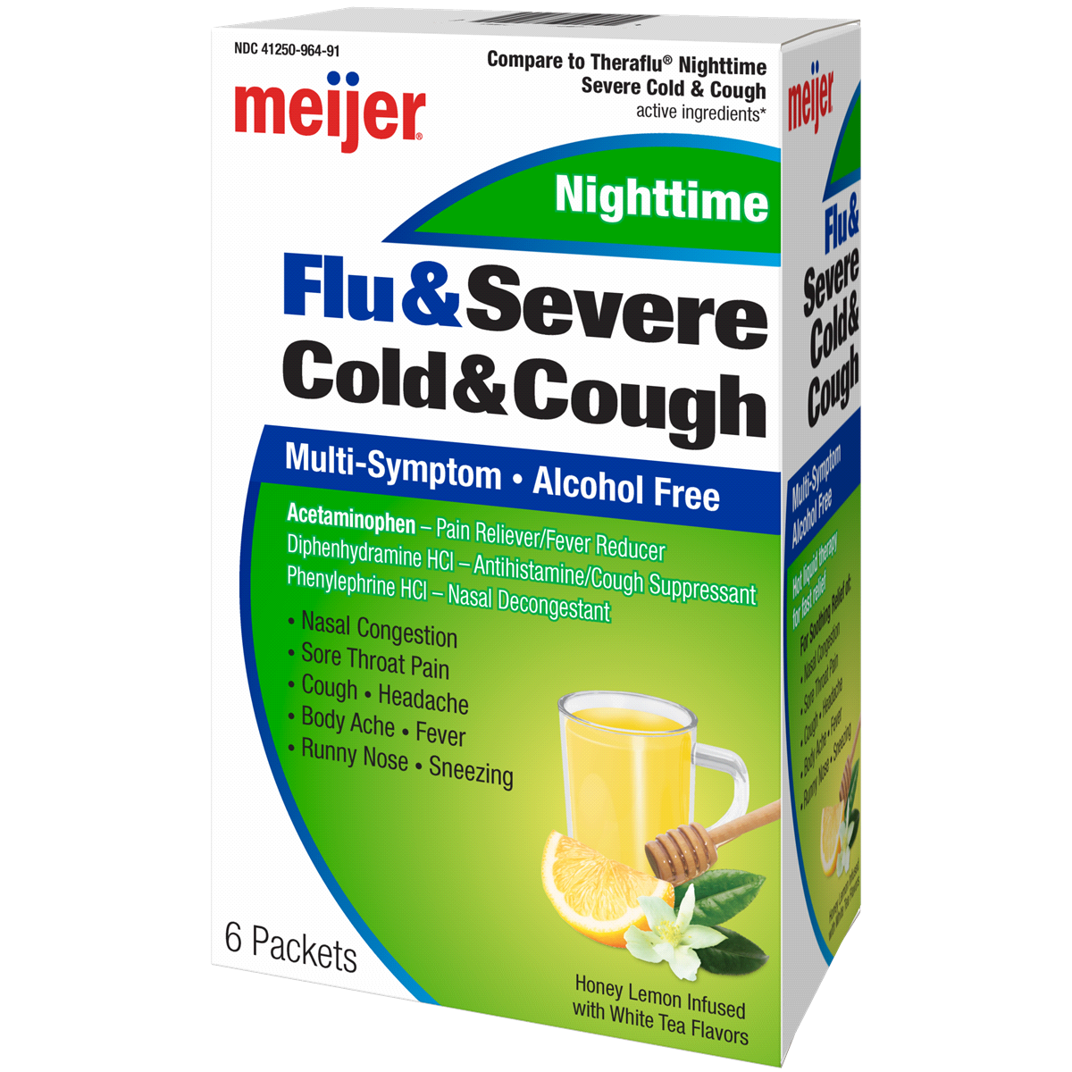 slide 2 of 3, Meijer Nighttime Severe Cold, Flu and Cough, Pain Reliever/Fever Reducer, Nasal Decongestant, Cough Suppressant, Antihistamine, Hot Liquid Therapy for Fast Relief, 6 ct