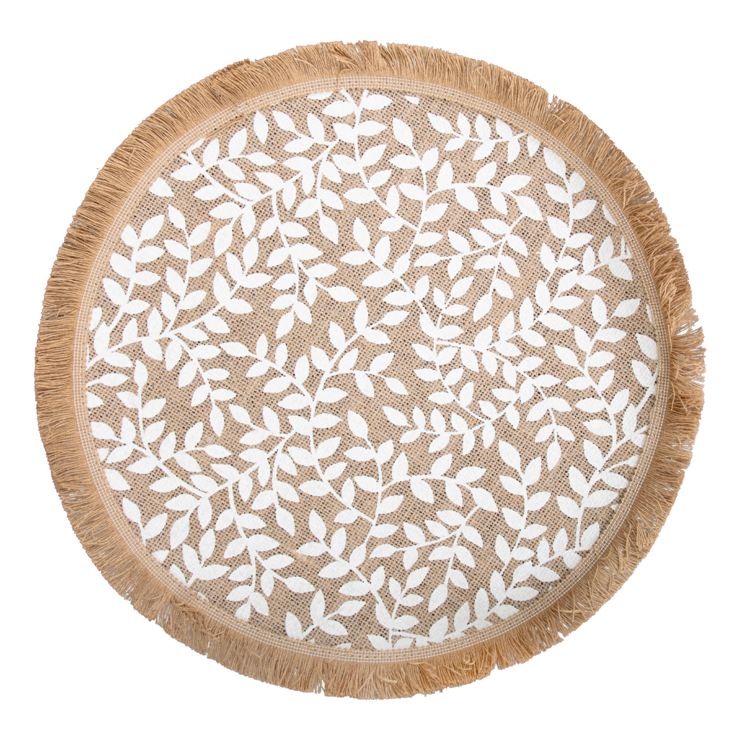 slide 1 of 1, CREATE DECORATE CELEBRATE CDC Tonal Vines Warm Grey Round Jute Placemat with Fringe, 13 in x 19 in, 13 in x 19 in