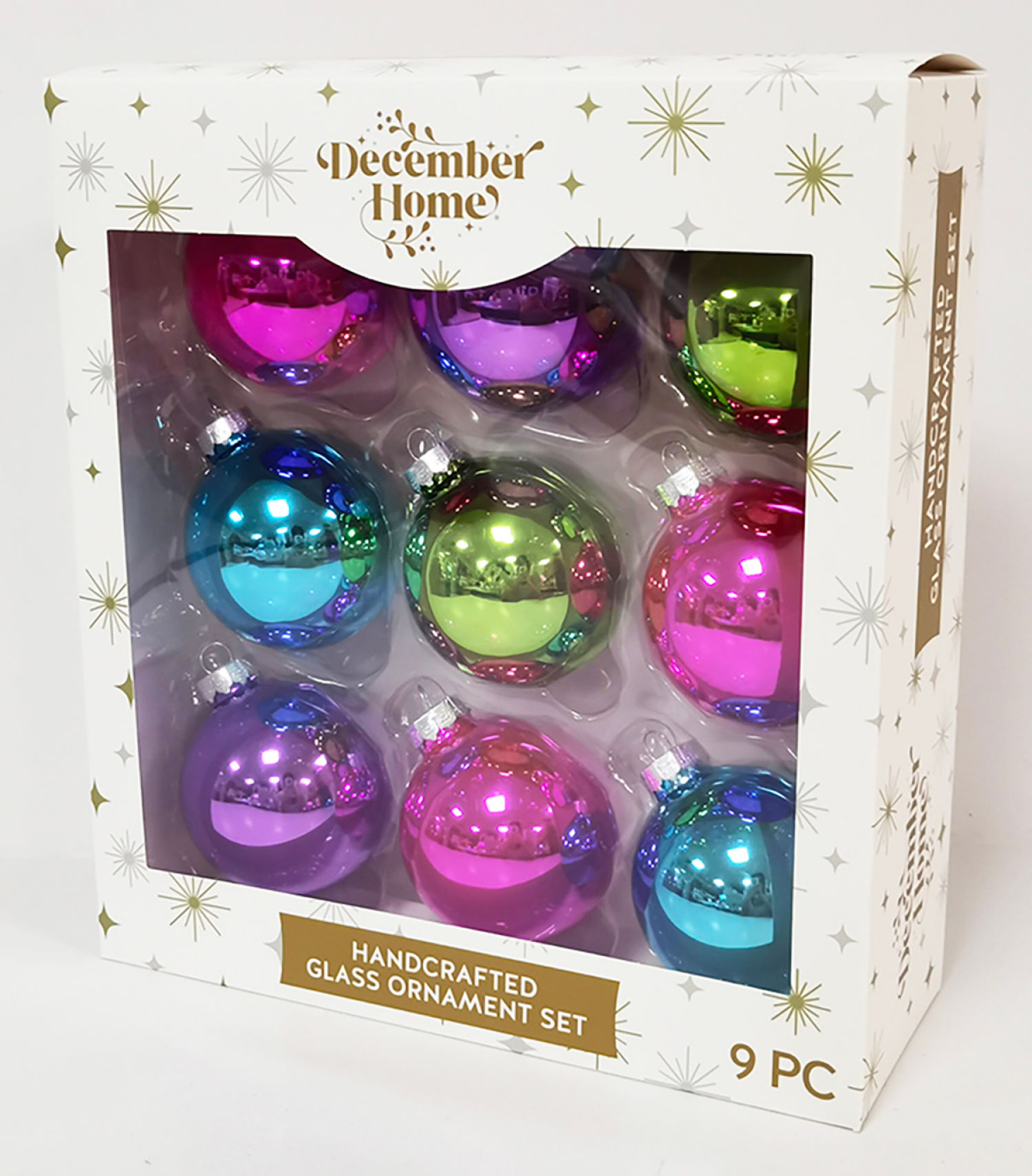 slide 3 of 3, December Home Ornaments Ball Glass, Brights, 9 ct, 9 ct
