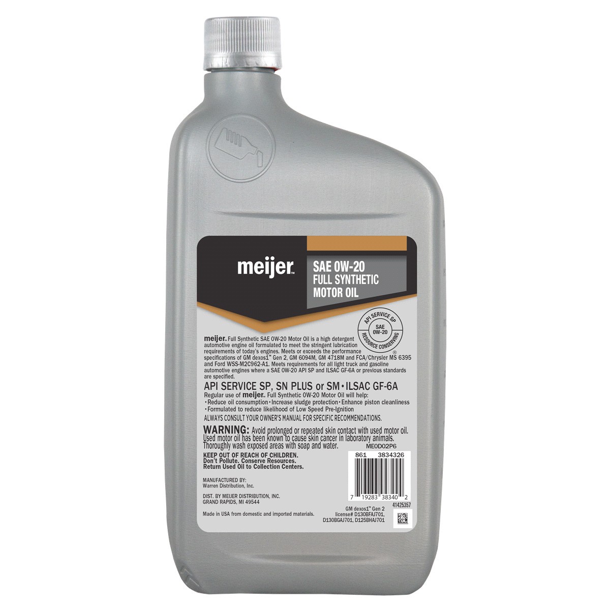 slide 2 of 2, Meijer Full Synthetic OW-20 Dexos 1 Motor Oil, 1 qt