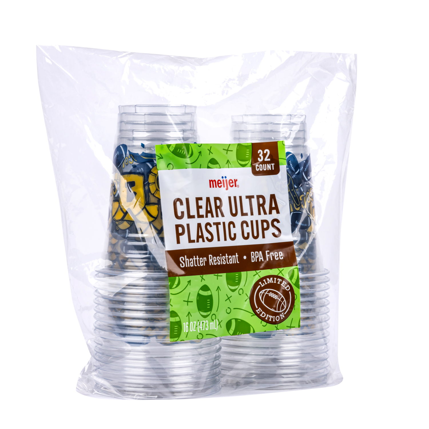 slide 7 of 8, MEIJER PLASTIC CUP FOOTBALL BLUE 16OZ 32CT, 16 oz, 32 ct