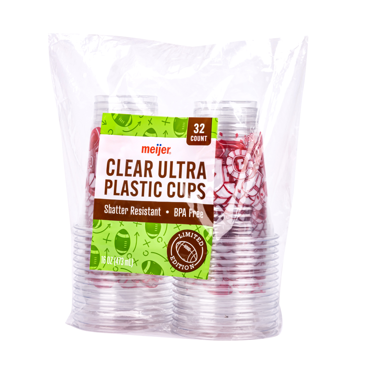 slide 6 of 8, MEIJER PLASTIC CUP FTBALL RED 16OZ 32CT, 16 oz, 32 ct