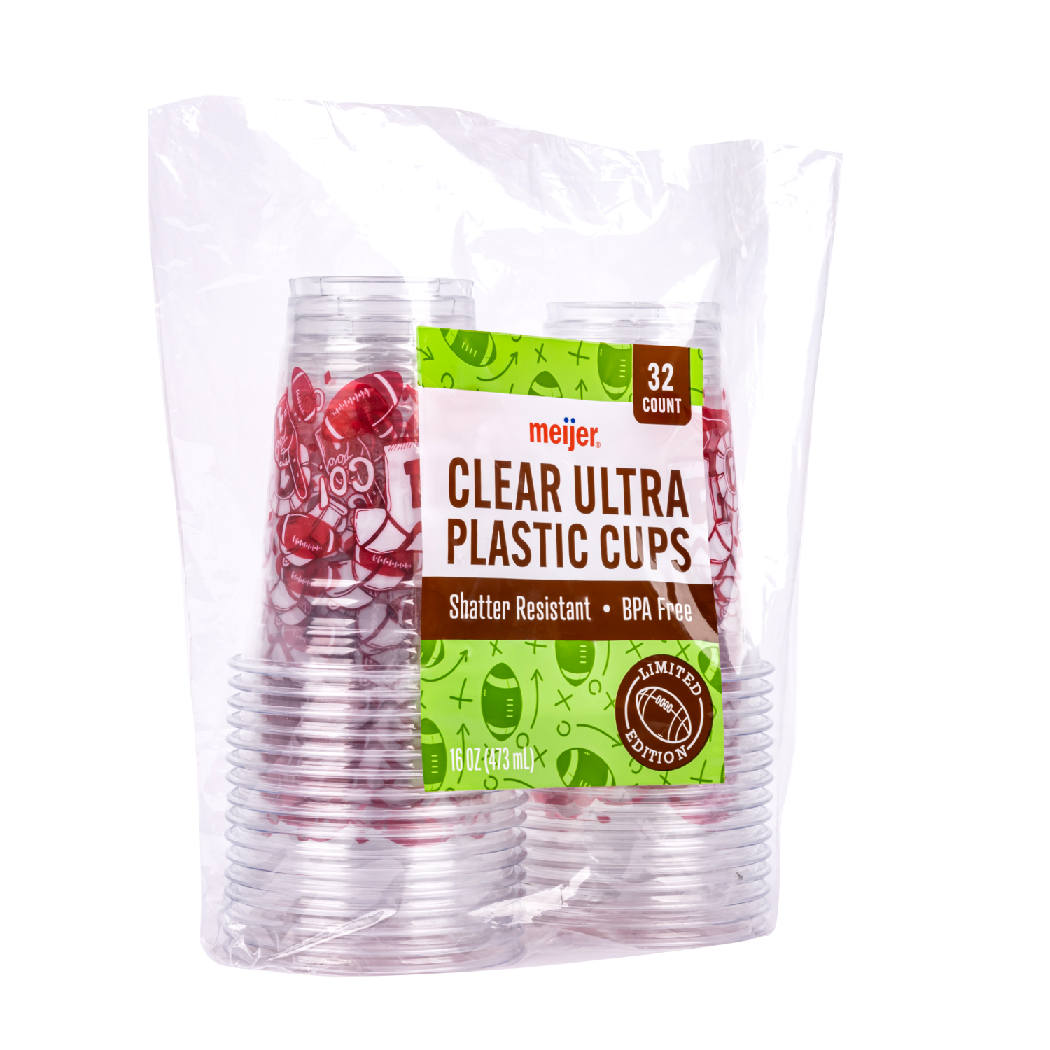 slide 7 of 8, MEIJER PLASTIC CUP FTBALL RED 16OZ 32CT, 16 oz, 32 ct