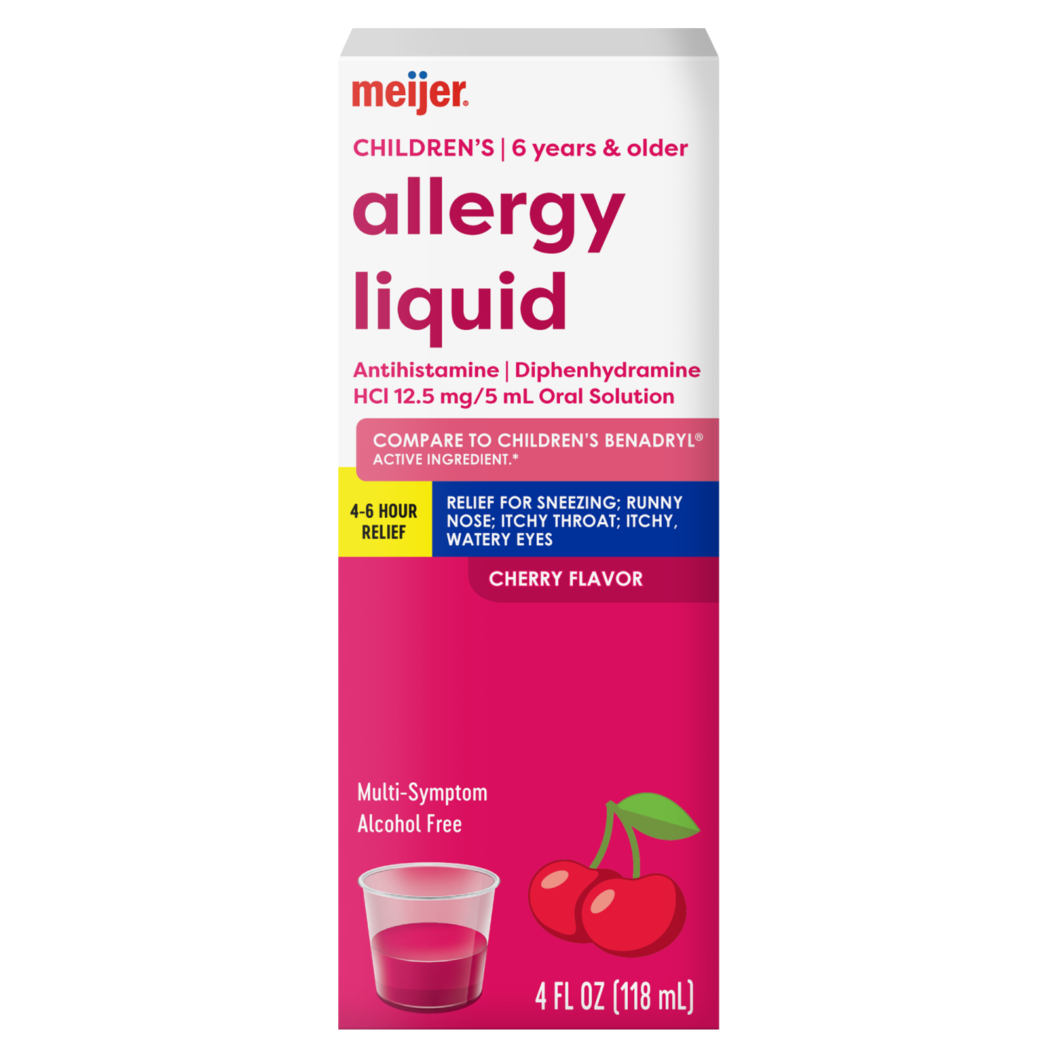 slide 1 of 5, Meijer Children's Allergy Relief, Diphenhydramine HCl / Oral Solution, Antihistamine, Cherry Flavor, 4 oz