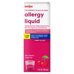 Meijer Children's Allergy Relief, Diphenhydramine HCl / Oral Solution, Antihistamine, Cherry Flavor