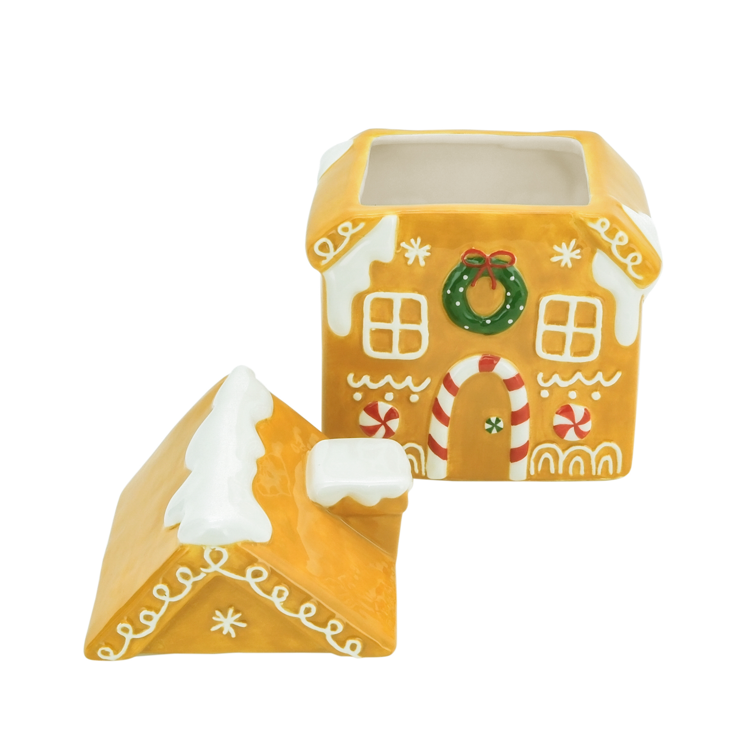 slide 5 of 5, December Home DH EARTHENWARE COOKIE JAR GINGERBREAD, 8.1 inh