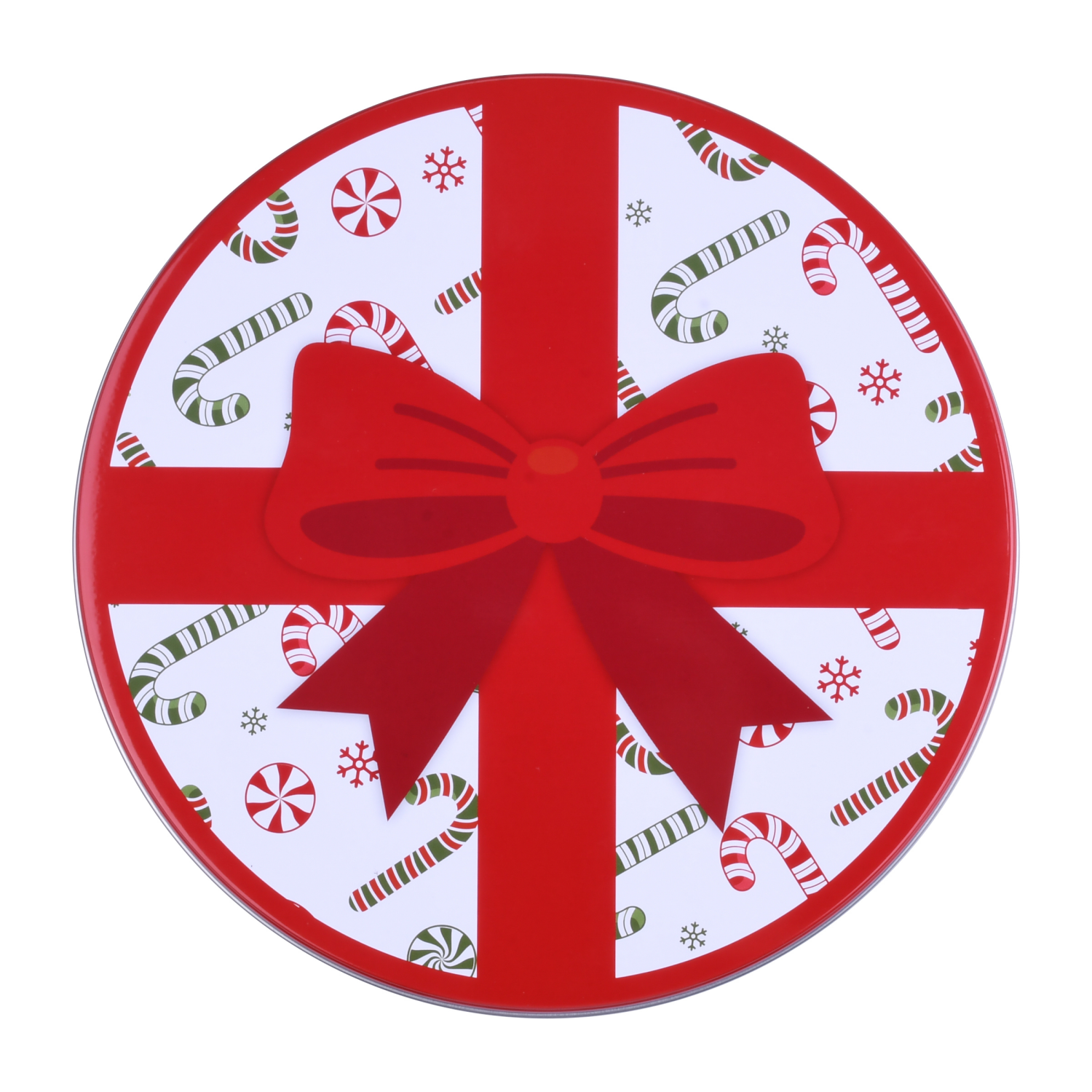 slide 3 of 3, December Home DH ROUND FOOD TIN 7.5" BOW CANDY CANES, 7.5 x 3.25 in