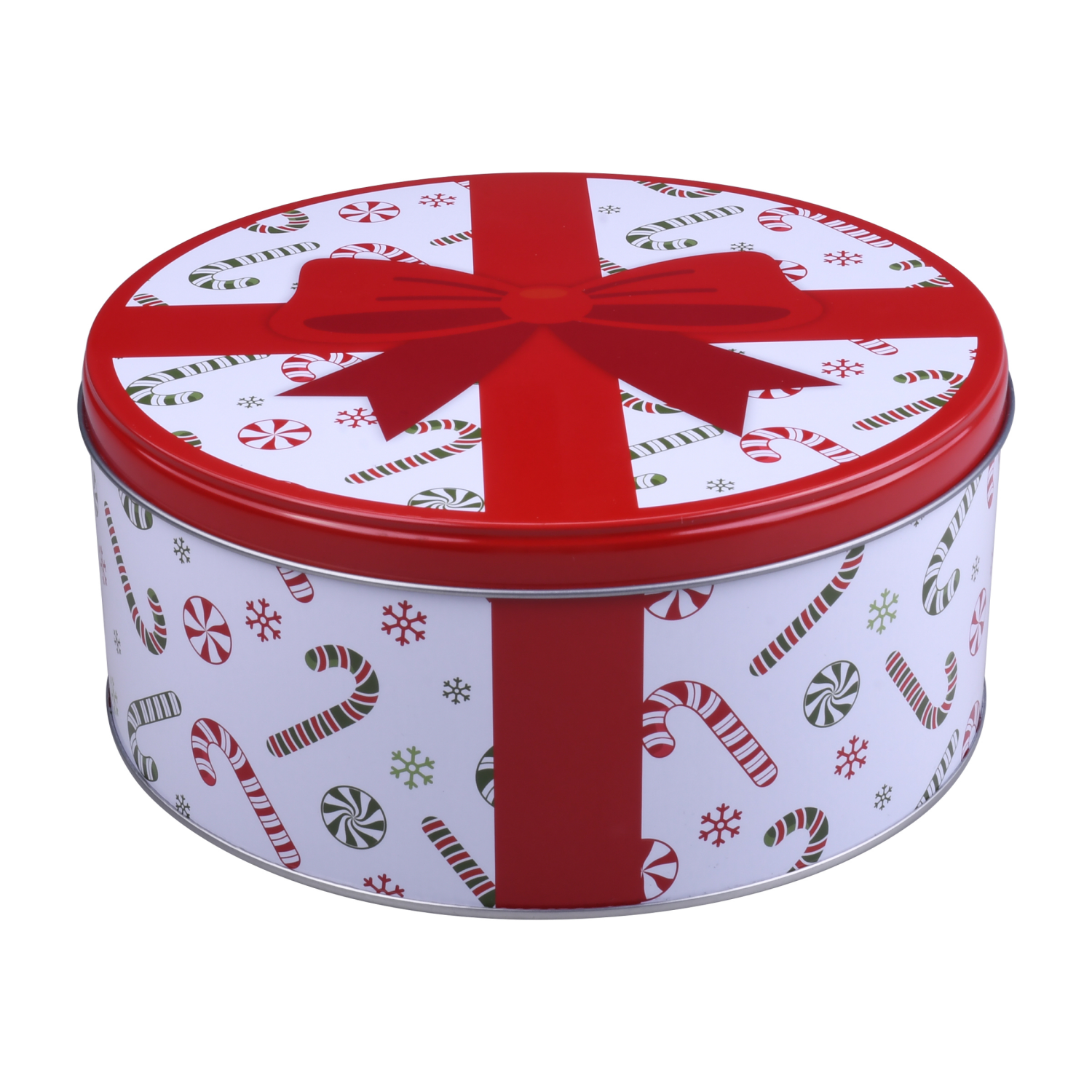 slide 1 of 3, December Home DH ROUND FOOD TIN 7.5" BOW CANDY CANES, 7.5 x 3.25 in
