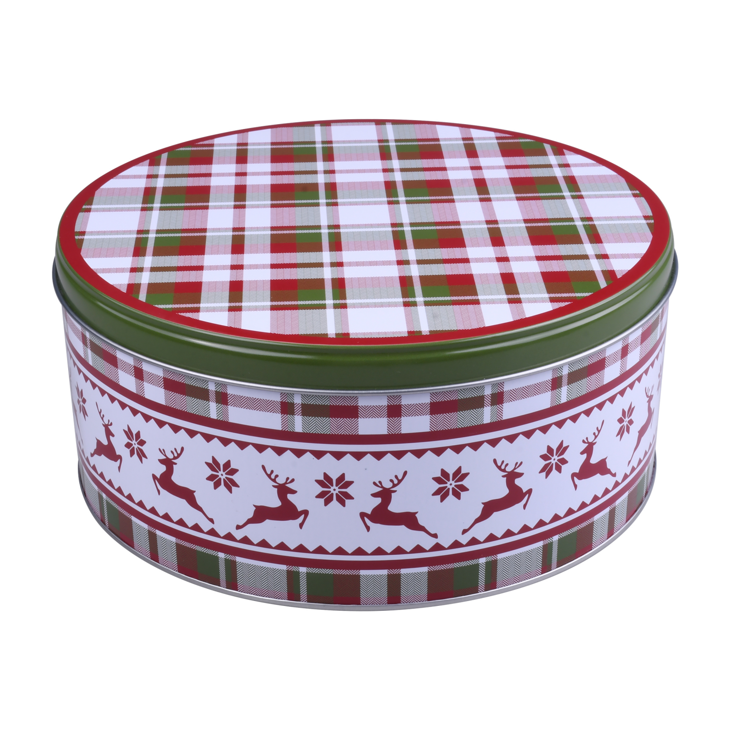 slide 1 of 3, December Home DH ROUND FOOD TIN 7.5" PLAID, 7.5 x 3.25 in