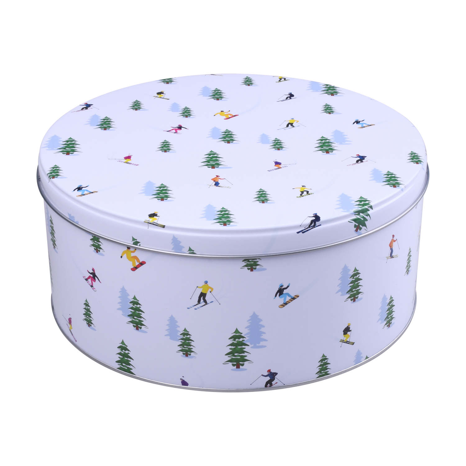 slide 1 of 3, December Home DH ROUND FOOD TIN 7.5" SKI MOUNTAIN, 7.5 x 3.25 in