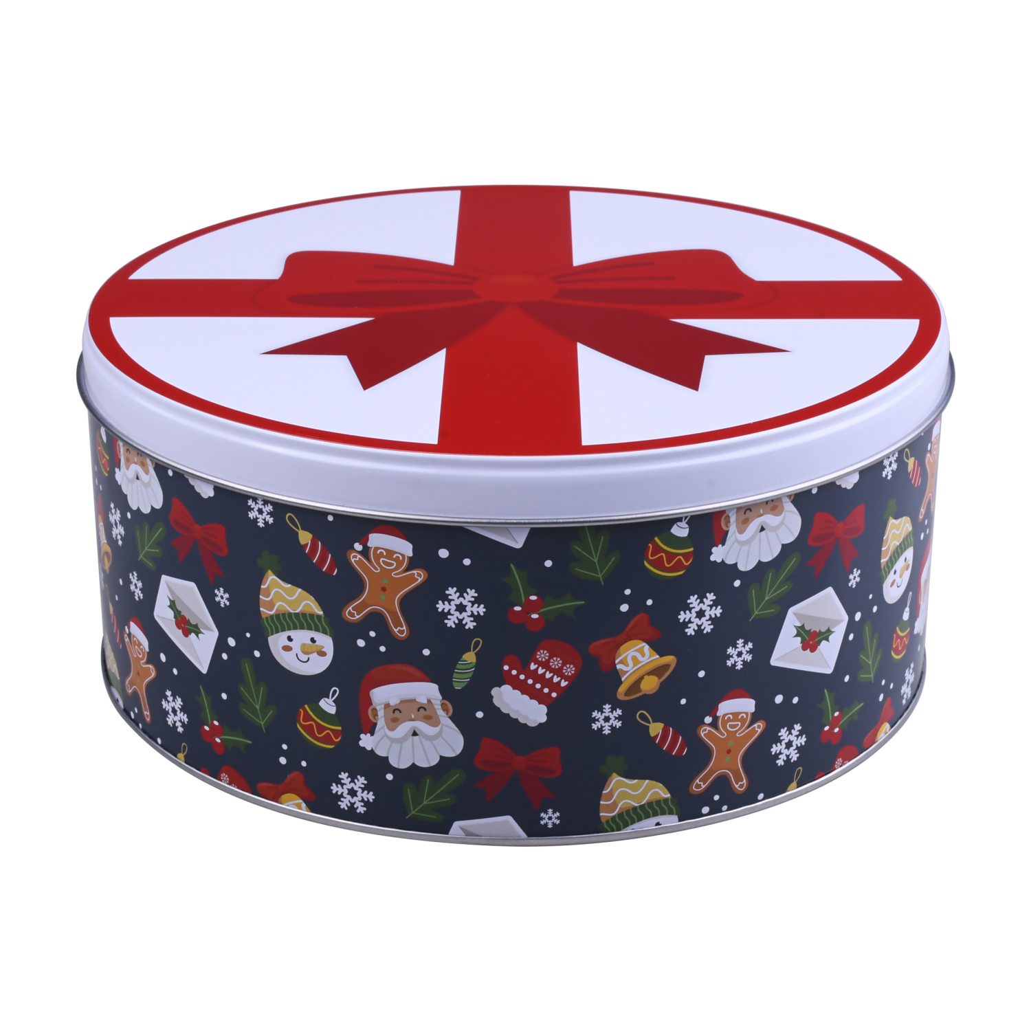 slide 1 of 3, December Home DH ROUND FOOD TIN 7.5" BOW ICONS, 7.5 x 3.25 in